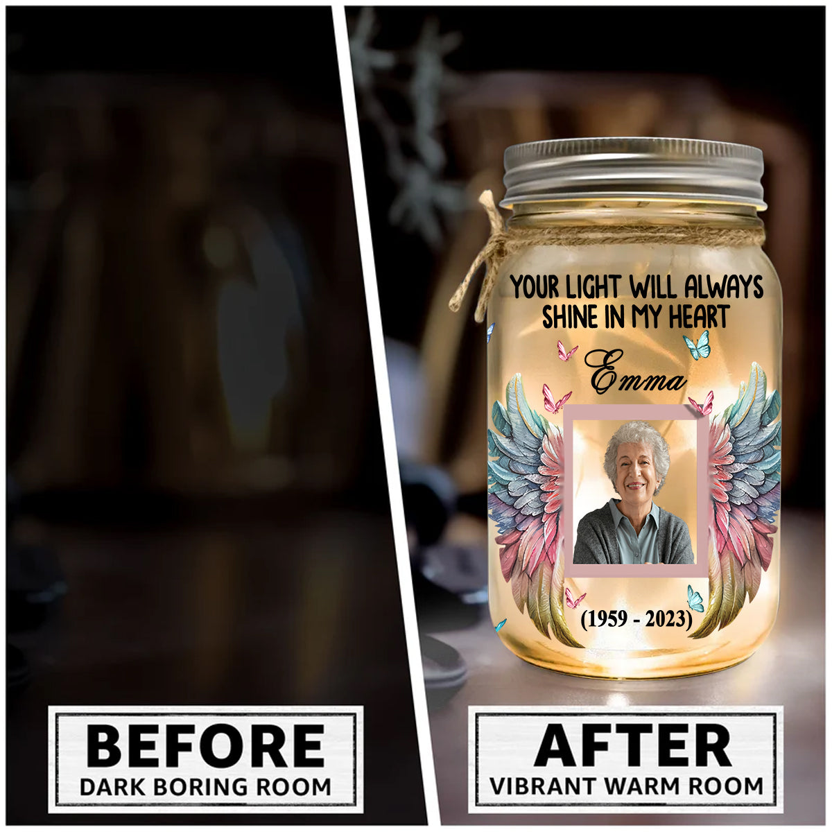Your Light Will Always Shine In My Heart - Personalized Memorial Mason Jar Light
