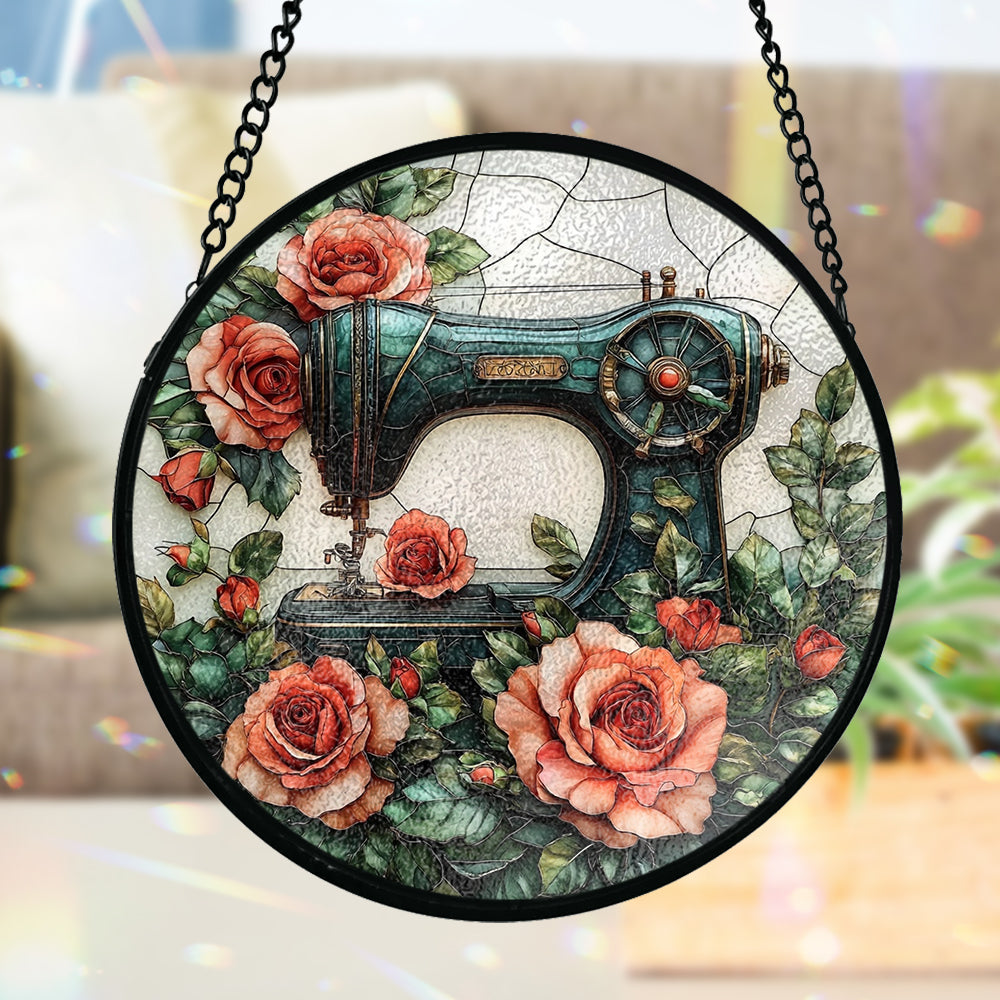 Wunderschöne Nähmaschine – Personalisierter, genähter Buntglas-Sonnenfänger