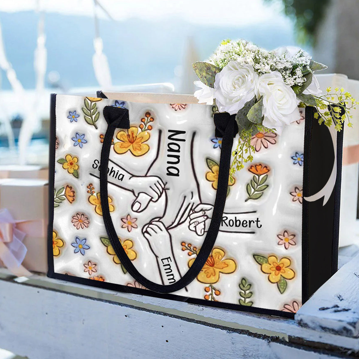 Holding Hands Grandma Mom Nana - Personalized Grandma Canvas Tote Bag