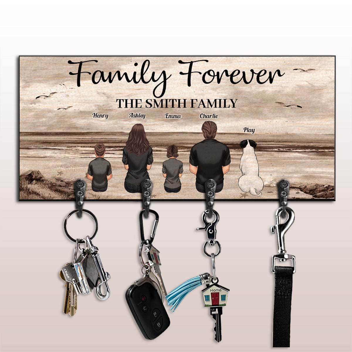 Porte-clés familial personnalisé « Family Forever Beach Landscape Vintage Version »