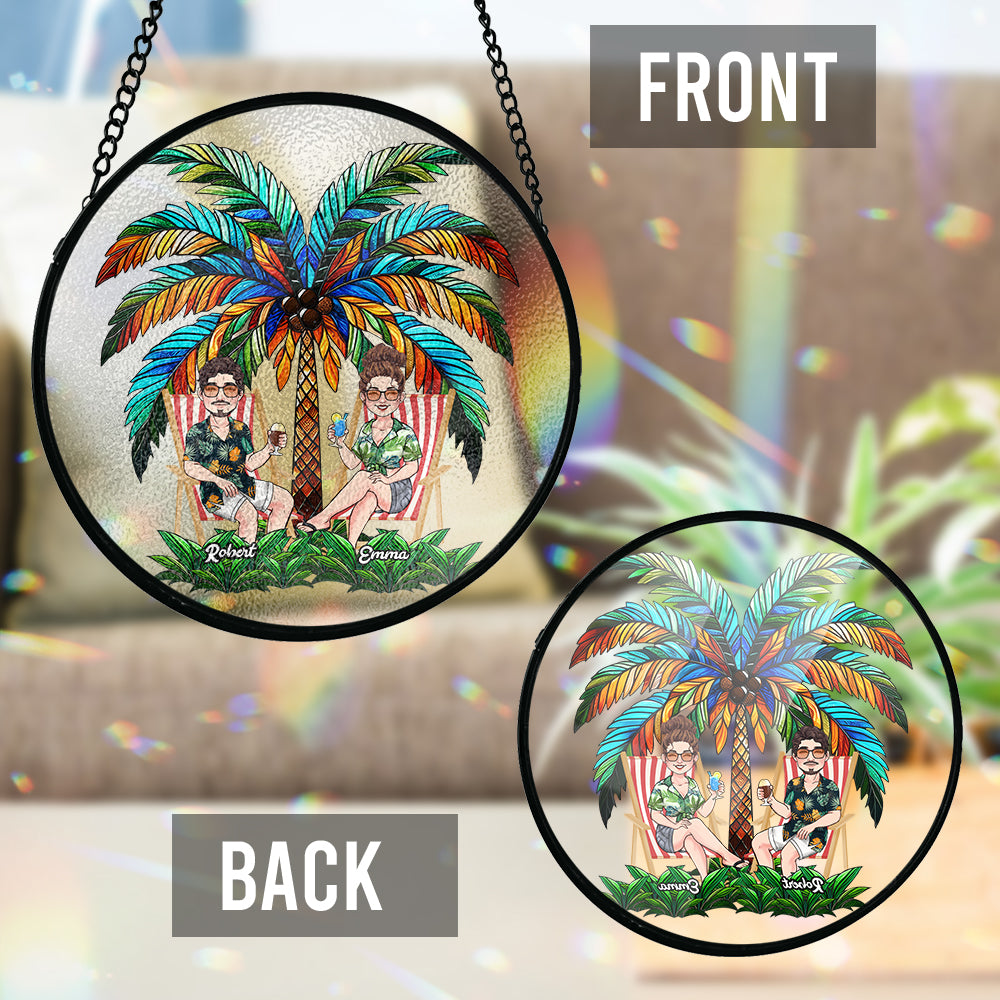 Under The Palm Tree Happy Couple - Personalized Couple Stained Glass Suncatcher