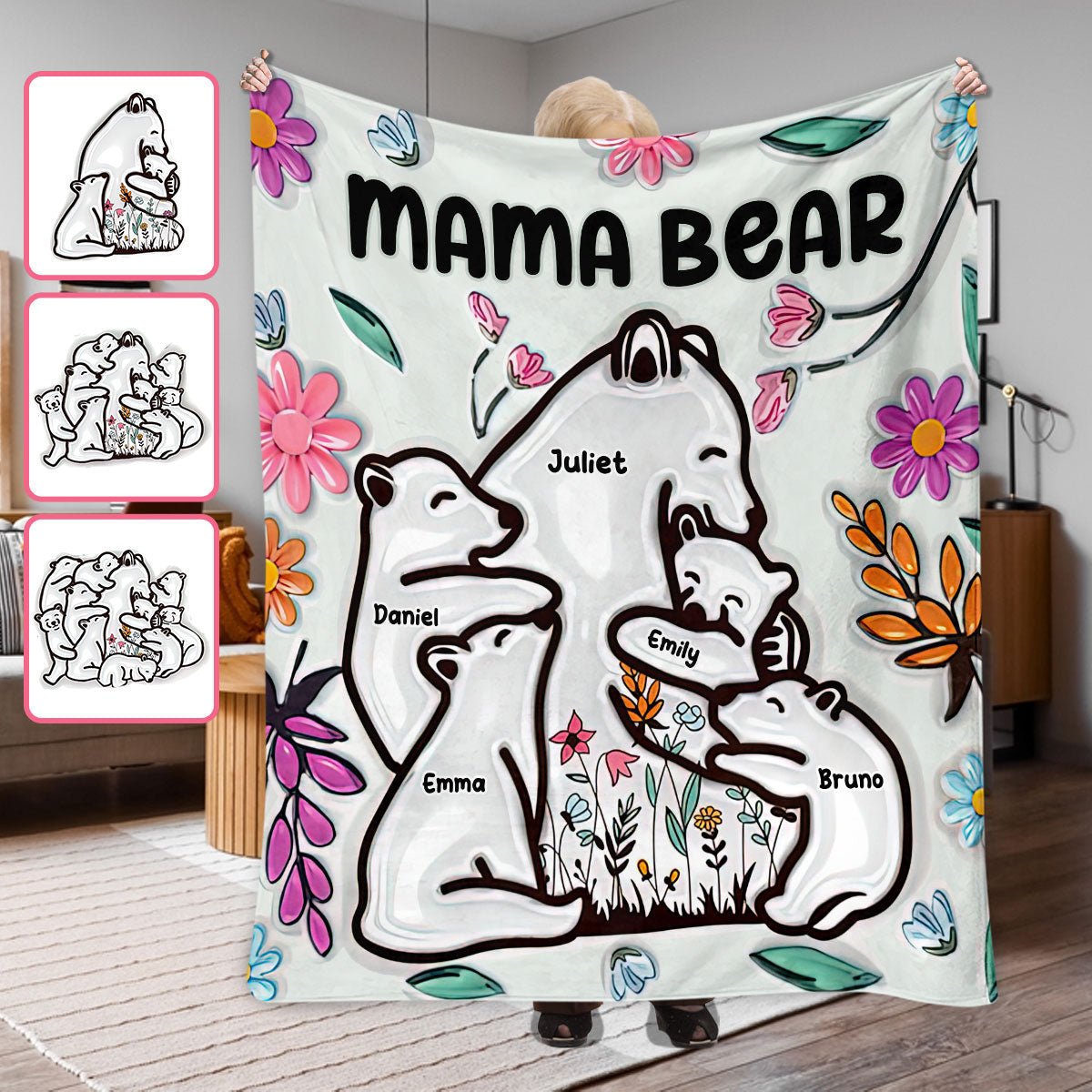 Mama Bear Huggings Her Cubs Floral Style - Personalized Mother Blanket