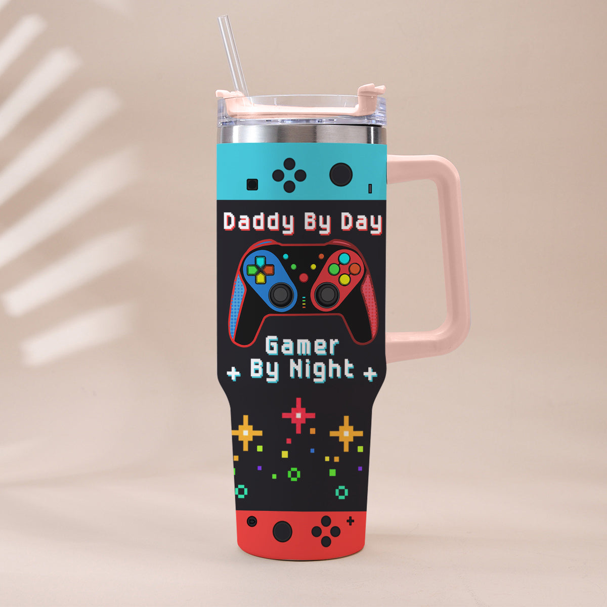 Daddy By Day Gamer By Night - Personalized Father Tumbler With Handle