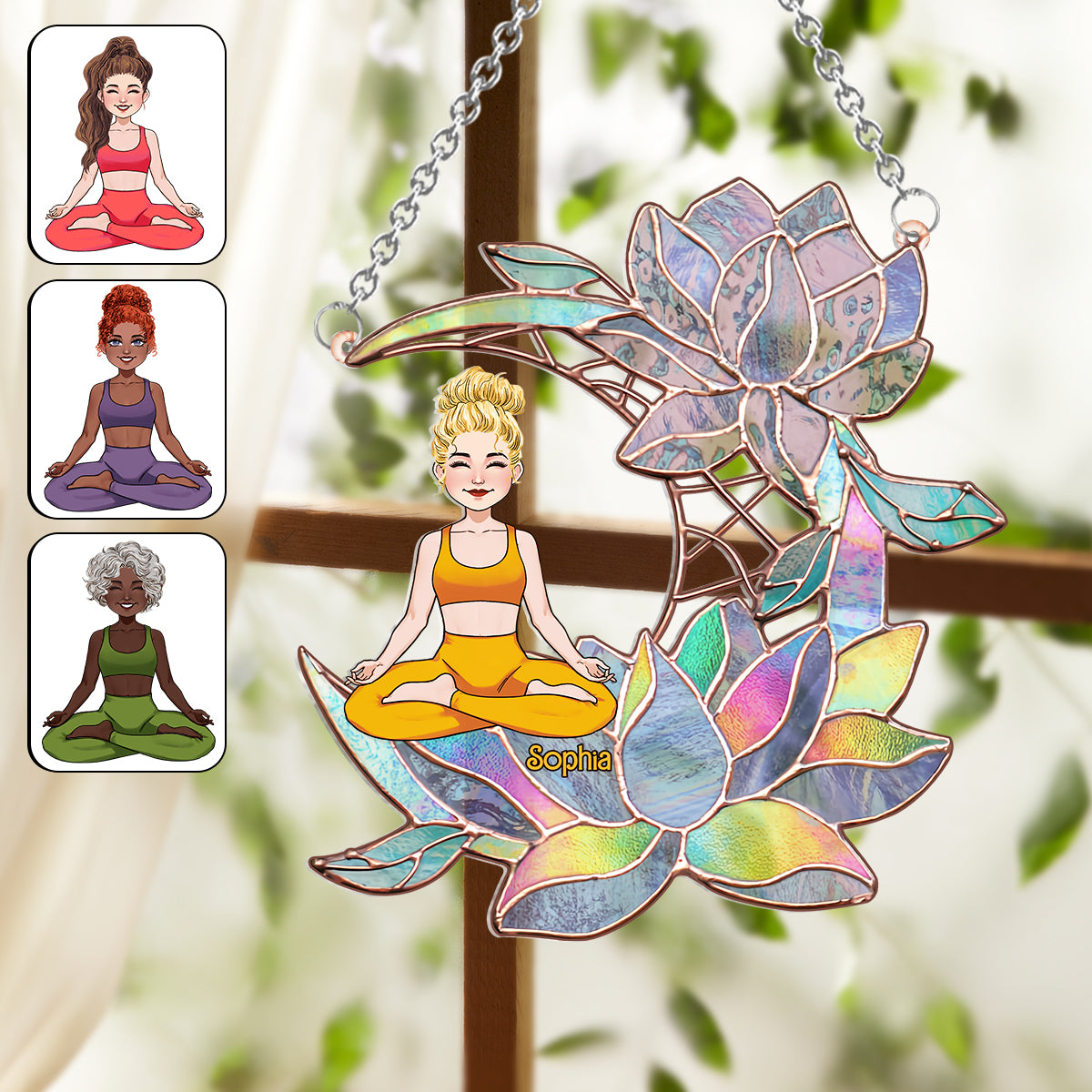 Attrape-soleil personnalisé à suspendre à une fenêtre, motif « Yoga Girl On Lotus Moon » 