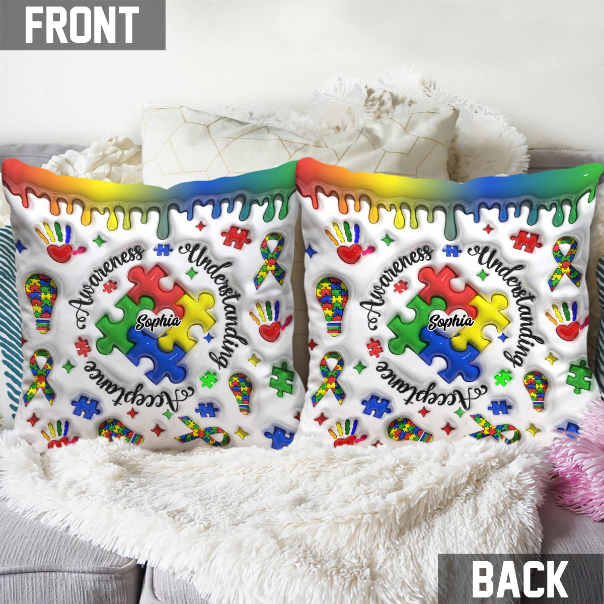 Sensibilisation à l'autisme - Coussin décoratif personnalisé pour la sensibilisation à l'autisme