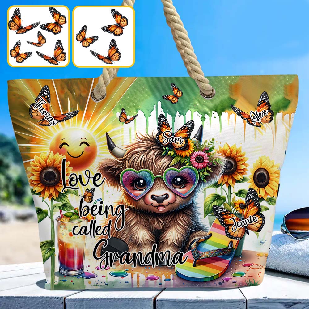 Love Being Called Grandma Highland Cow Summer Vibes - Personalized Beach Bag