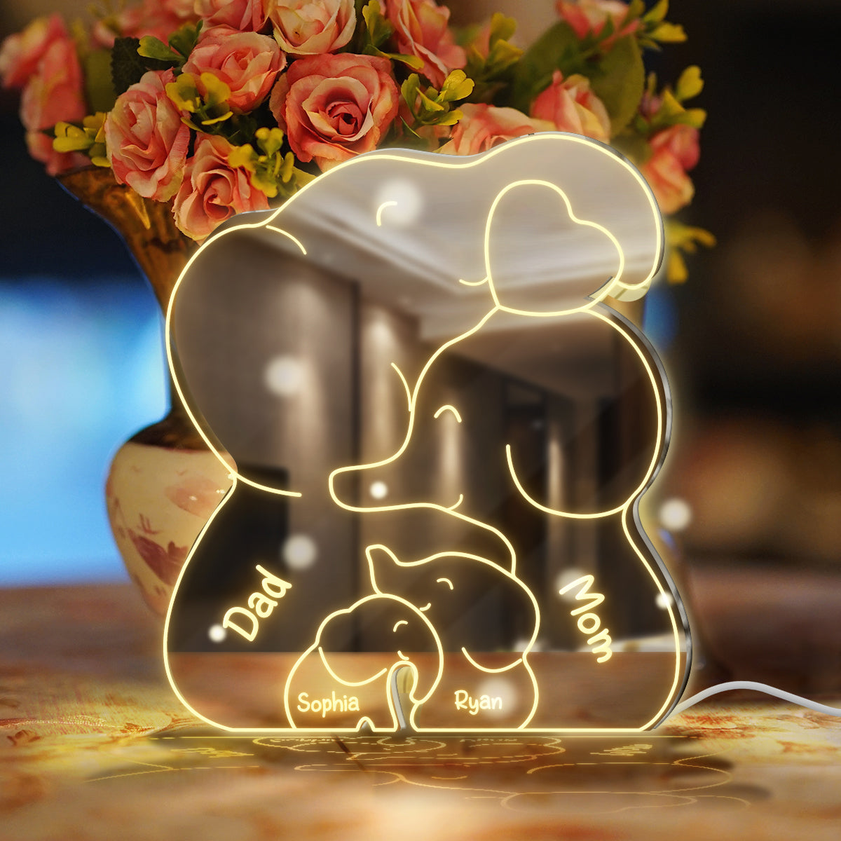 Famille Éléphants - Miroir Lumineux Personnalisé pour la Famille 