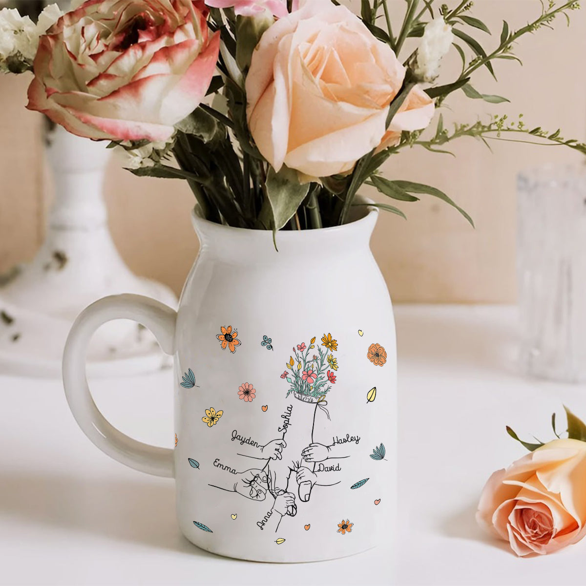 Holding Mom's Hand - Personalized Mother Ceramic Flower Vase