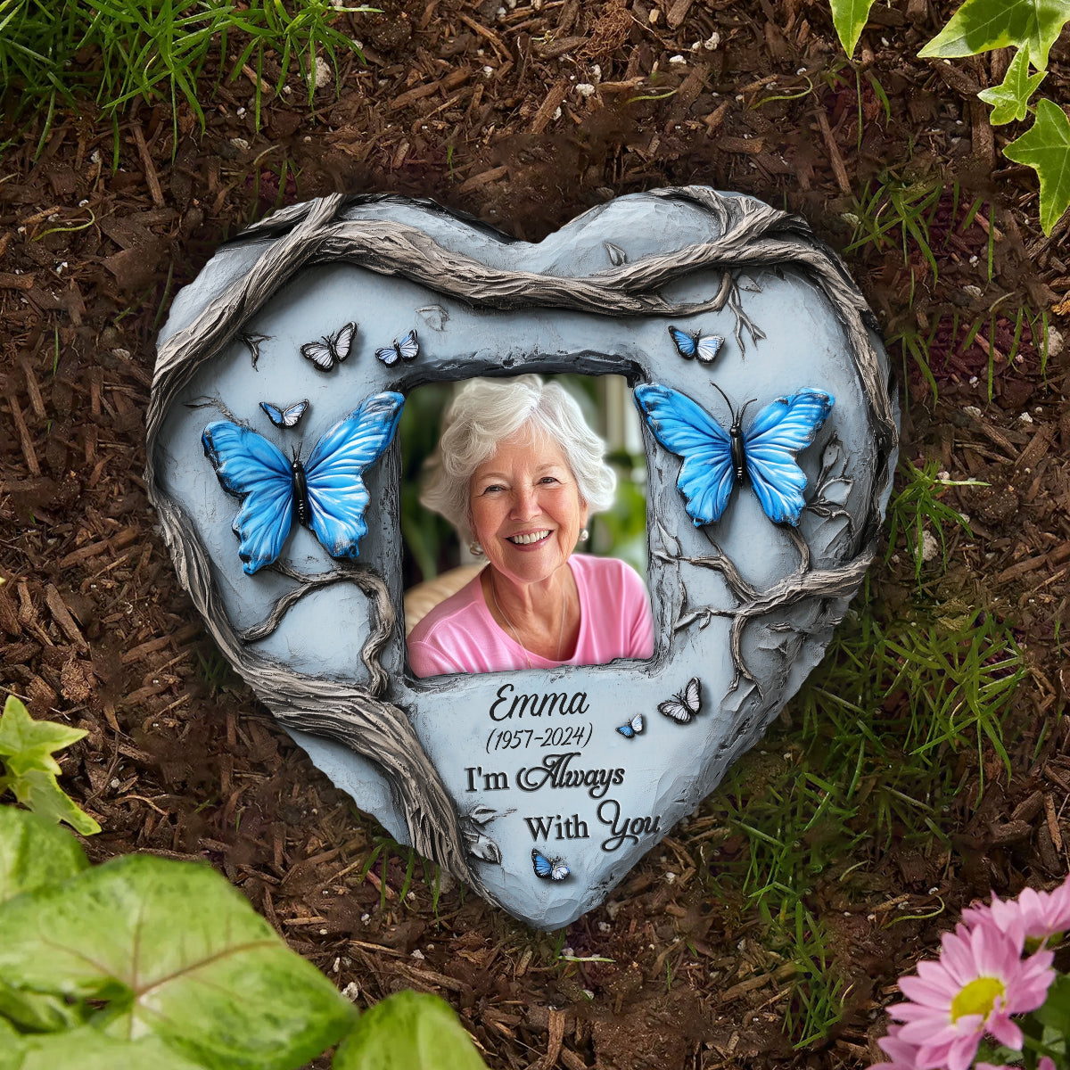 In Loving Memory Blue Butterfly - Personalized Memorial Heart Shaped Stone