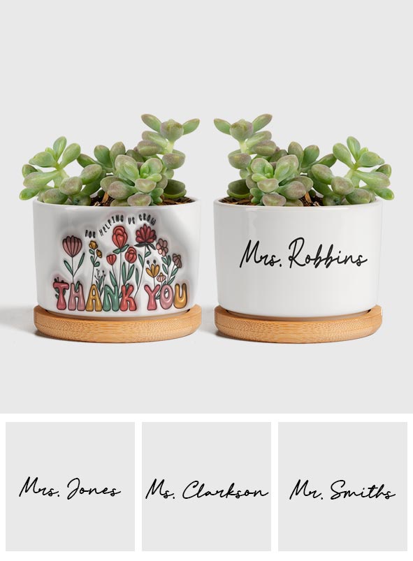 Vielen Dank für Ihre Unterstützung beim Wachstum – personalisierter Keramik-Blumentopf für Lehrer
