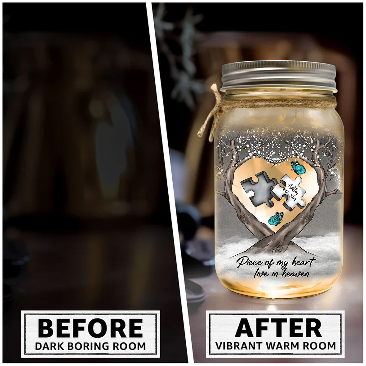 Memorial Butterfly Dragonfly Heaven Feather - Personalized Memorial Mason Jar Light