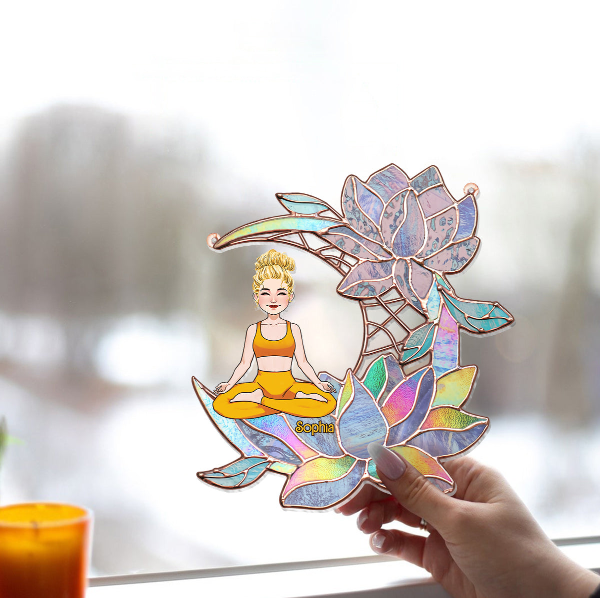 Attrape-soleil personnalisé à suspendre à une fenêtre, motif « Yoga Girl On Lotus Moon » 