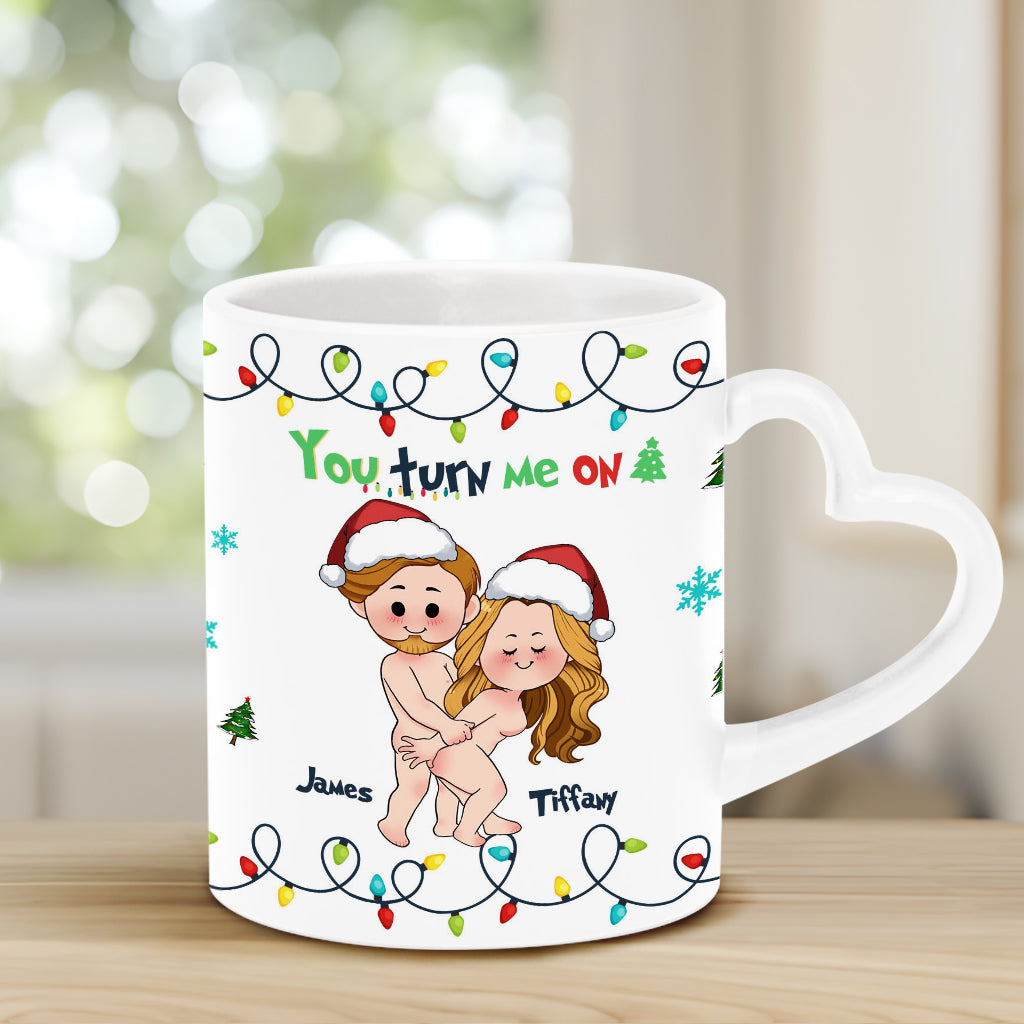 You Turn Me On - Personalized Couple Heart Handle Mug