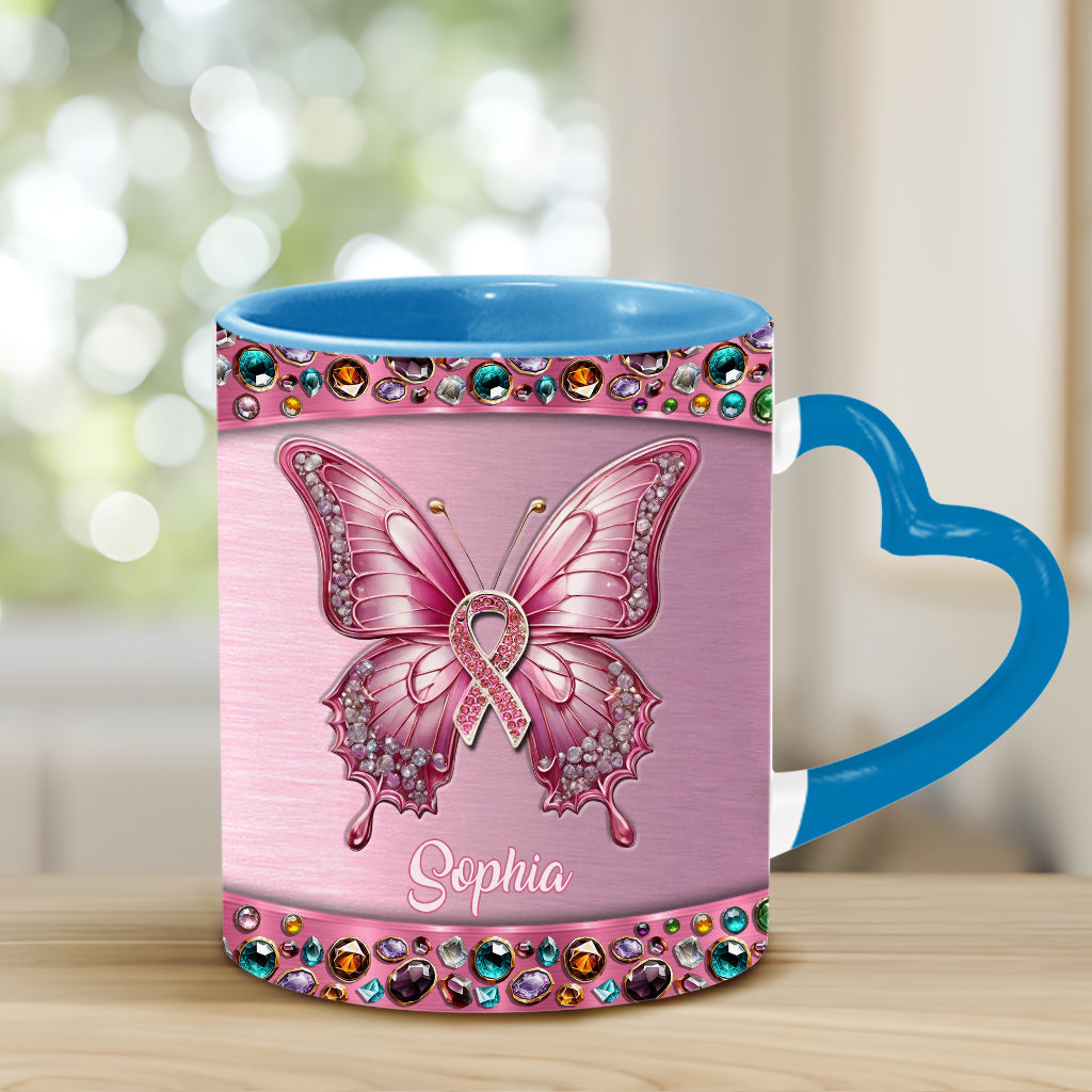 Foi, Espoir, Amour - Mug personnalisé avec anse en forme de cœur pour la sensibilisation au cancer du sein