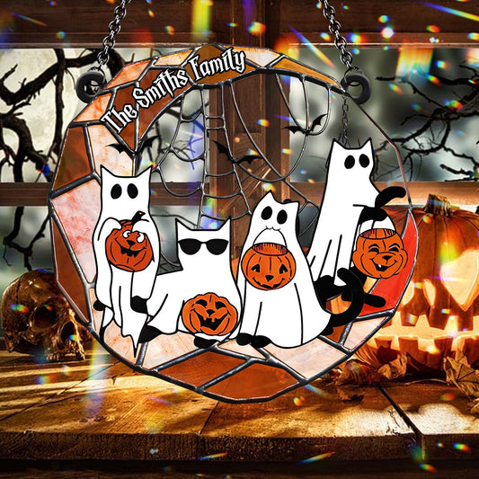 Black Cat Halloween 2024 - Personalized Black Cat Window Hanging Suncatcher Ornament