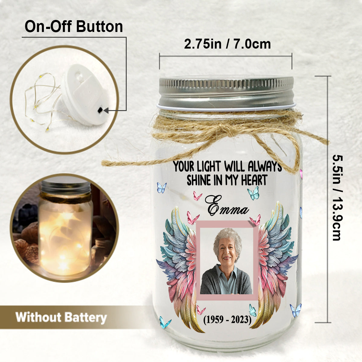 Your Light Will Always Shine In My Heart - Personalized Memorial Mason Jar Light