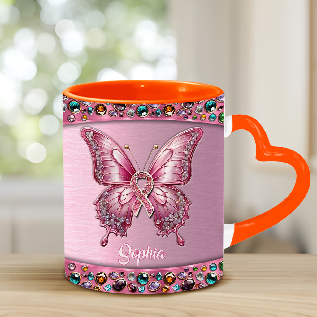 Foi, Espoir, Amour - Mug personnalisé avec anse en forme de cœur pour la sensibilisation au cancer du sein