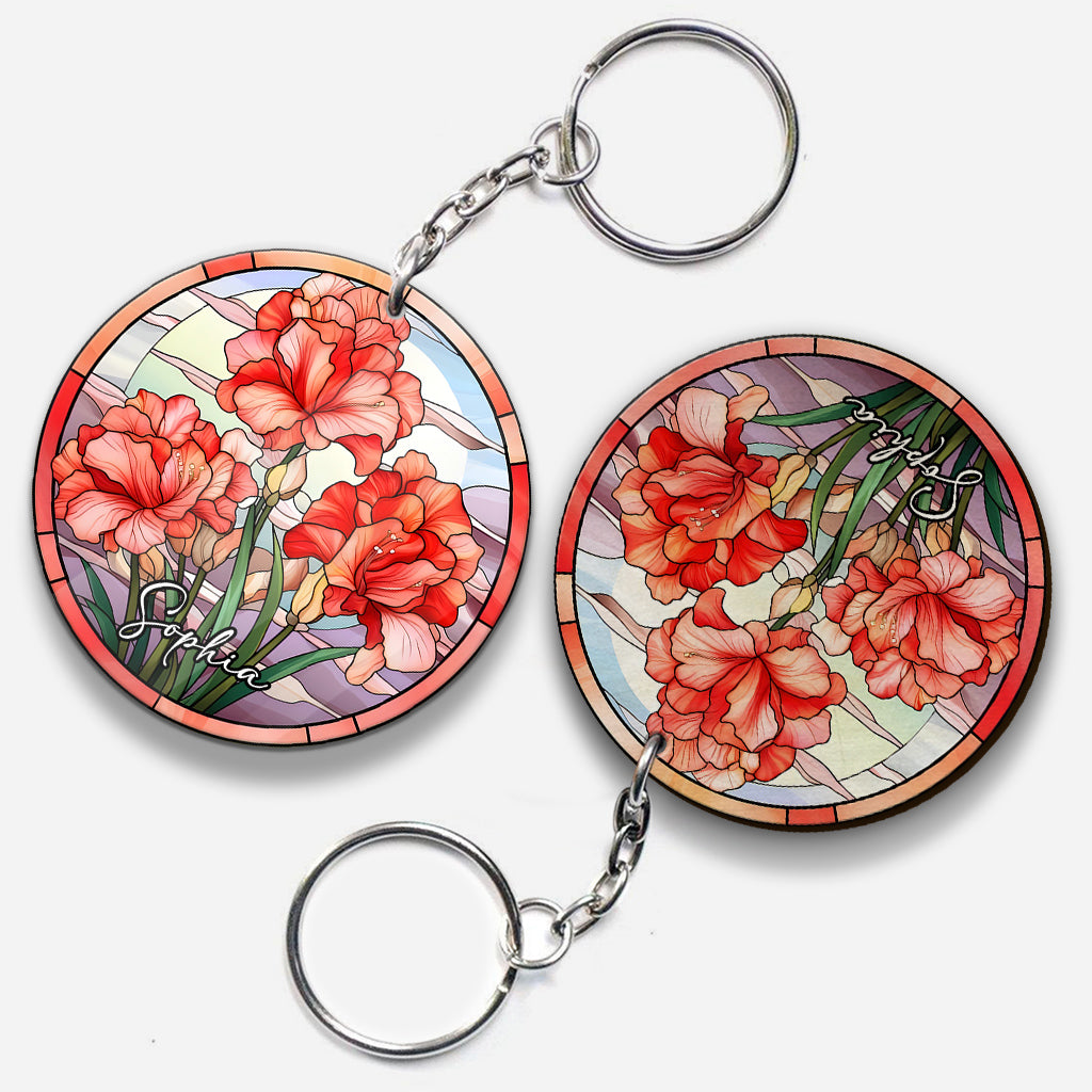 Porte-clés d'anniversaire personnalisé - Fleurs du mois de naissance en vitrail