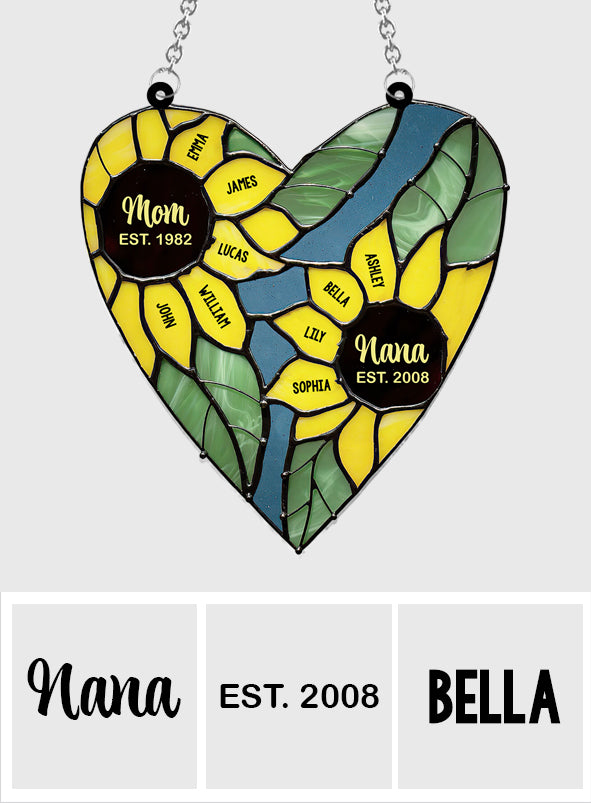 Mom Grandma Green Heart Sunflower - Personalized Grandma Window Hanging Suncatcher Ornament