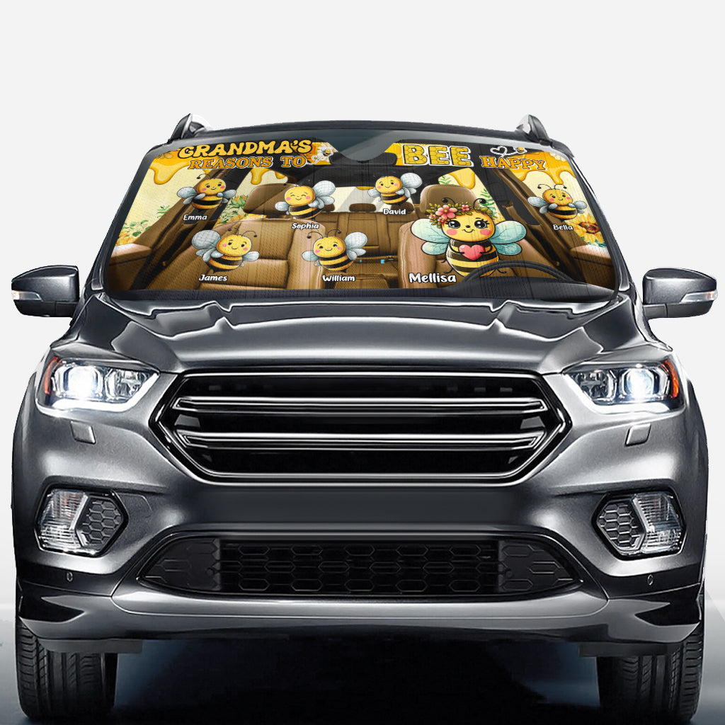 Grandma's Reasons To Bee Happy - Personalized Grandma Car Sunshade