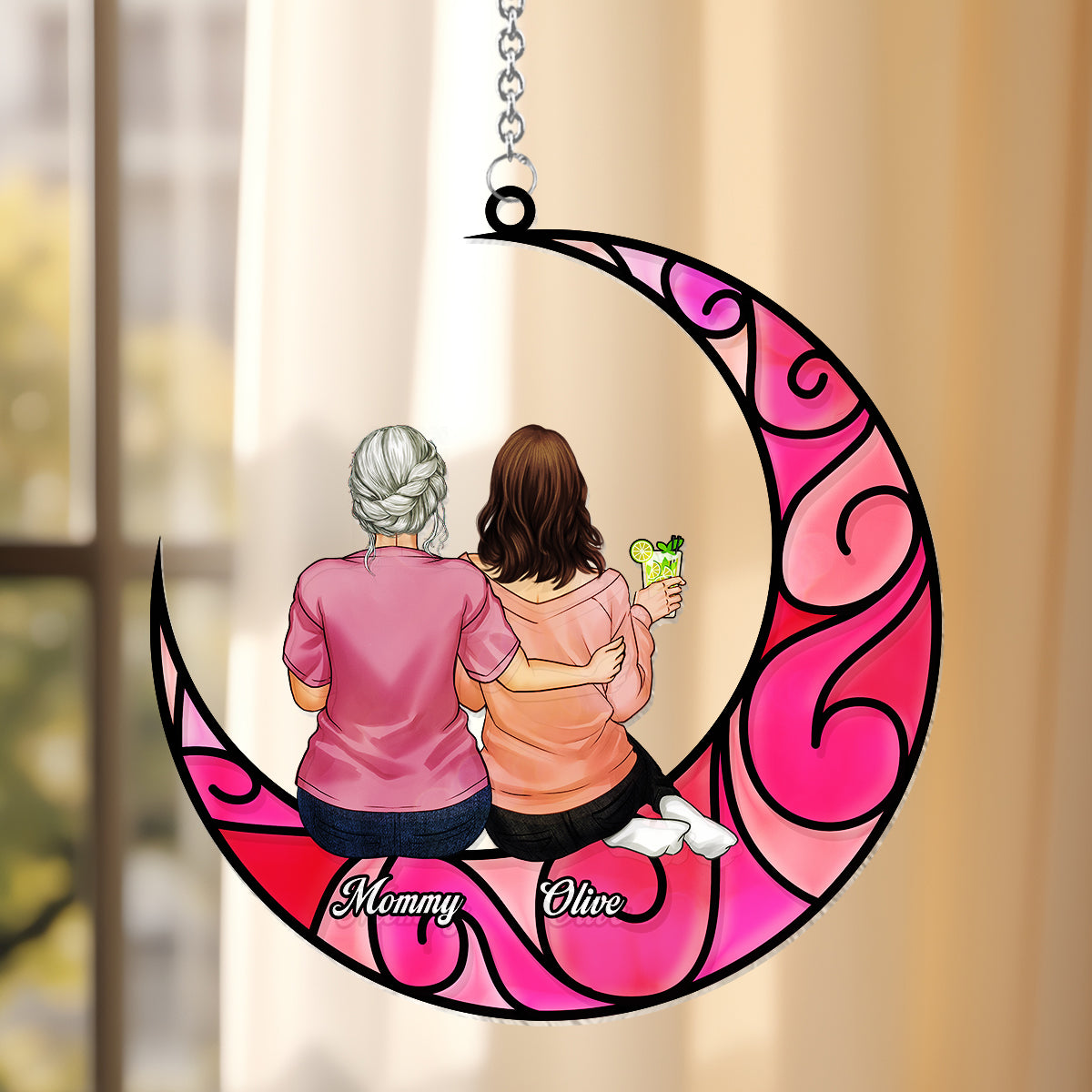 Mother And Children Sitting On The Moon - Personalized Mother Window Hanging Suncatcher Ornament