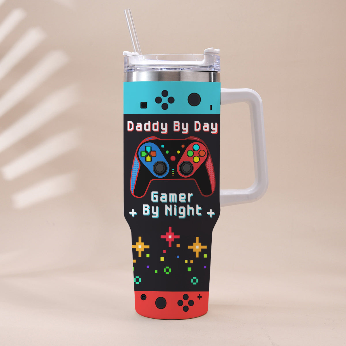 Daddy By Day Gamer By Night - Personalized Father Tumbler With Handle