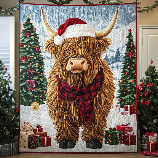 Wunderschöne Weihnachtsdecke mit Hochlandkuh – personalisierte Steppdecke