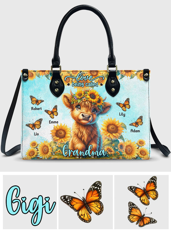Love Being Called Grandma Highland Cow Sunflower - Personalized Leather Handbag
