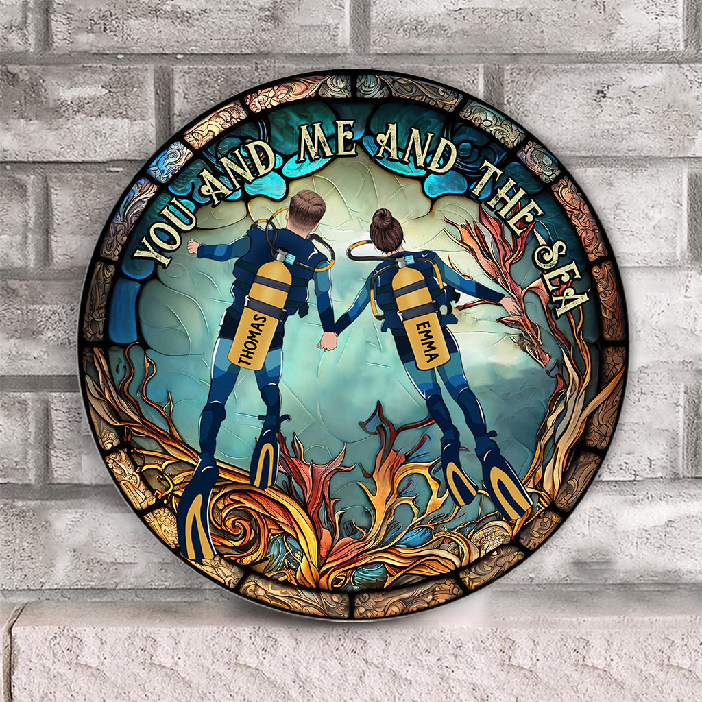 Toi, moi et la mer - Panneau rond en bois personnalisé pour la plongée sous-marine