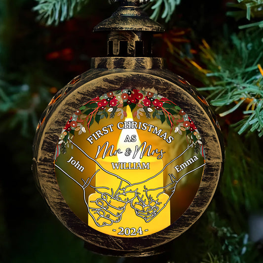 Holding Hands First Christmas - Personalized Couple Round Lantern With Light