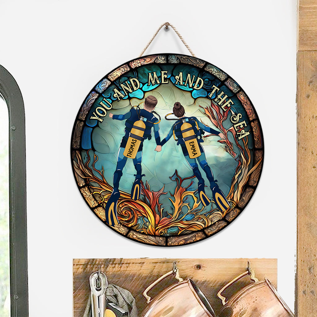 Toi, moi et la mer - Panneau rond en bois personnalisé pour la plongée sous-marine