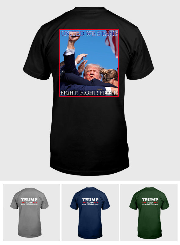 T-shirt « Unis nous sommes forts », T-shirt « Jamais de reddition », T-shirt « Luttons pour l’Amérique », T-shirt « Rassemblement 2024 », T-shirt « Luttons, combattons, combattons »