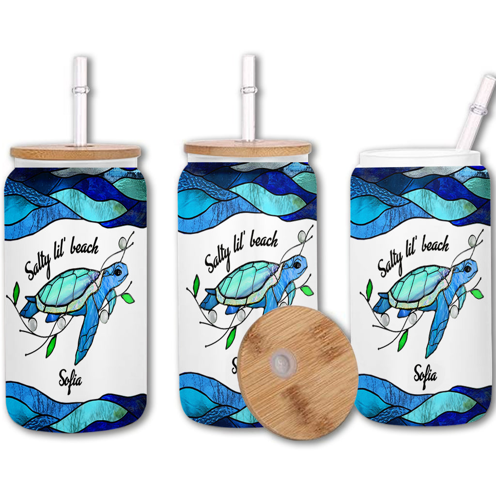 Salty Lil' Beach Blue Ocean Summer Vibes - Personalized Turtle Can Glass