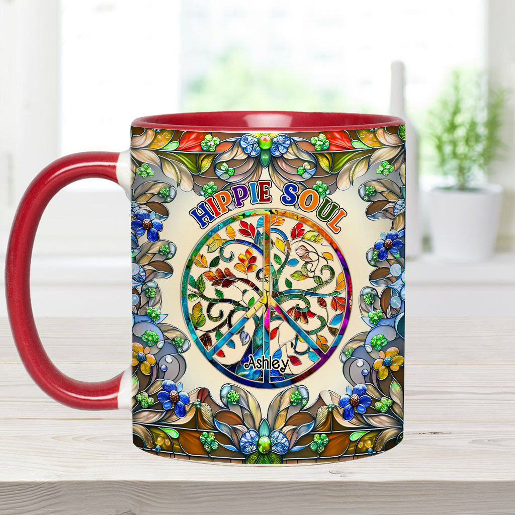 Es ist eine wunderschöne Welt, der Baum des Lebens, Friedenssymbol - personalisierte Tasse mit Hippie-Akzent