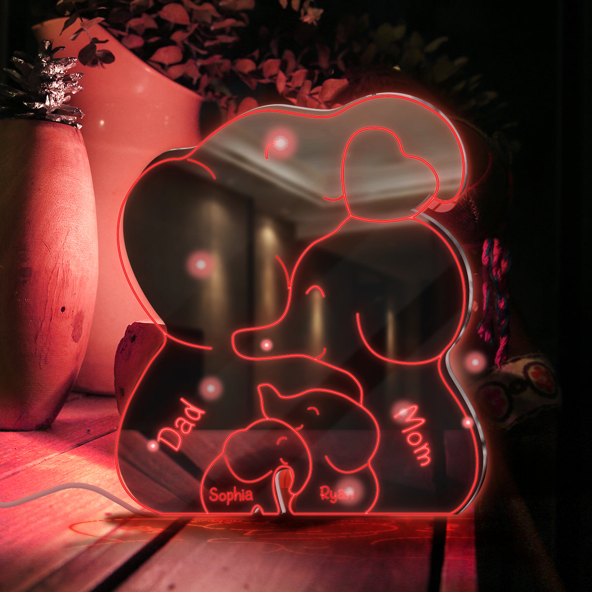 Famille Éléphants - Miroir Lumineux Personnalisé pour la Famille 