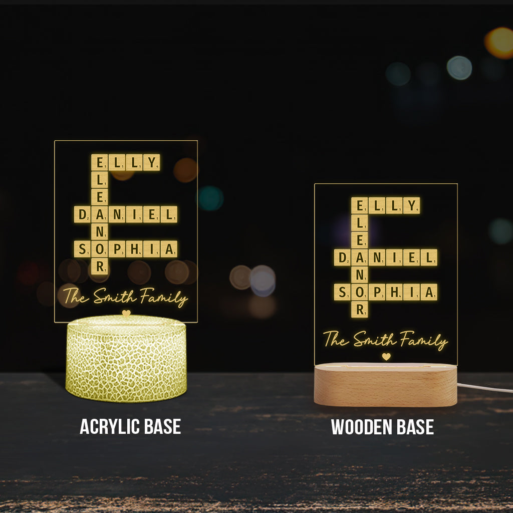 Plaque lumineuse personnalisée en forme de famille avec mots croisés - Socle lumineux