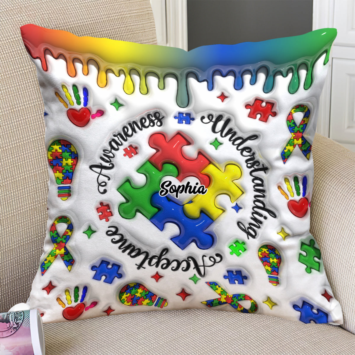 Sensibilisation à l'autisme - Coussin décoratif personnalisé pour la sensibilisation à l'autisme