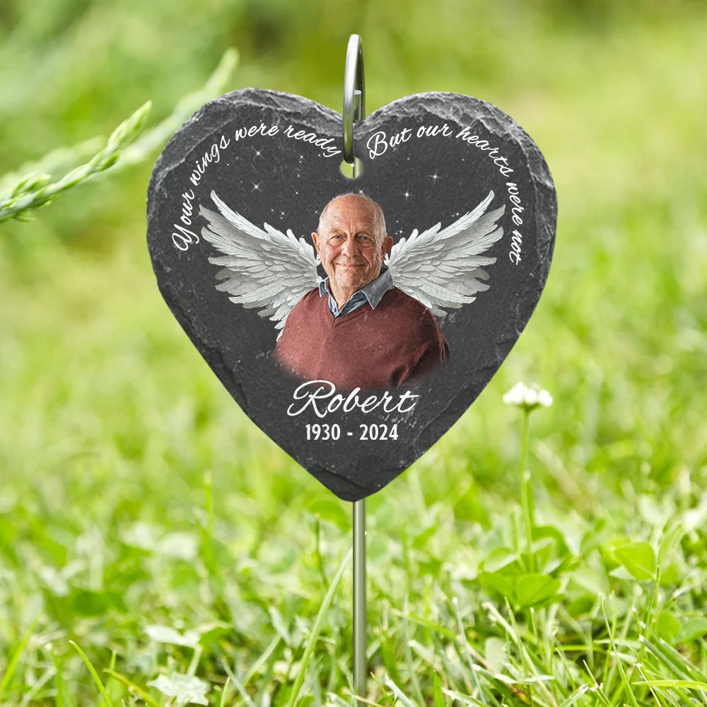 Your wings were ready but our hearts were not - Personalized Memorial Heart Hanging Garden Slate