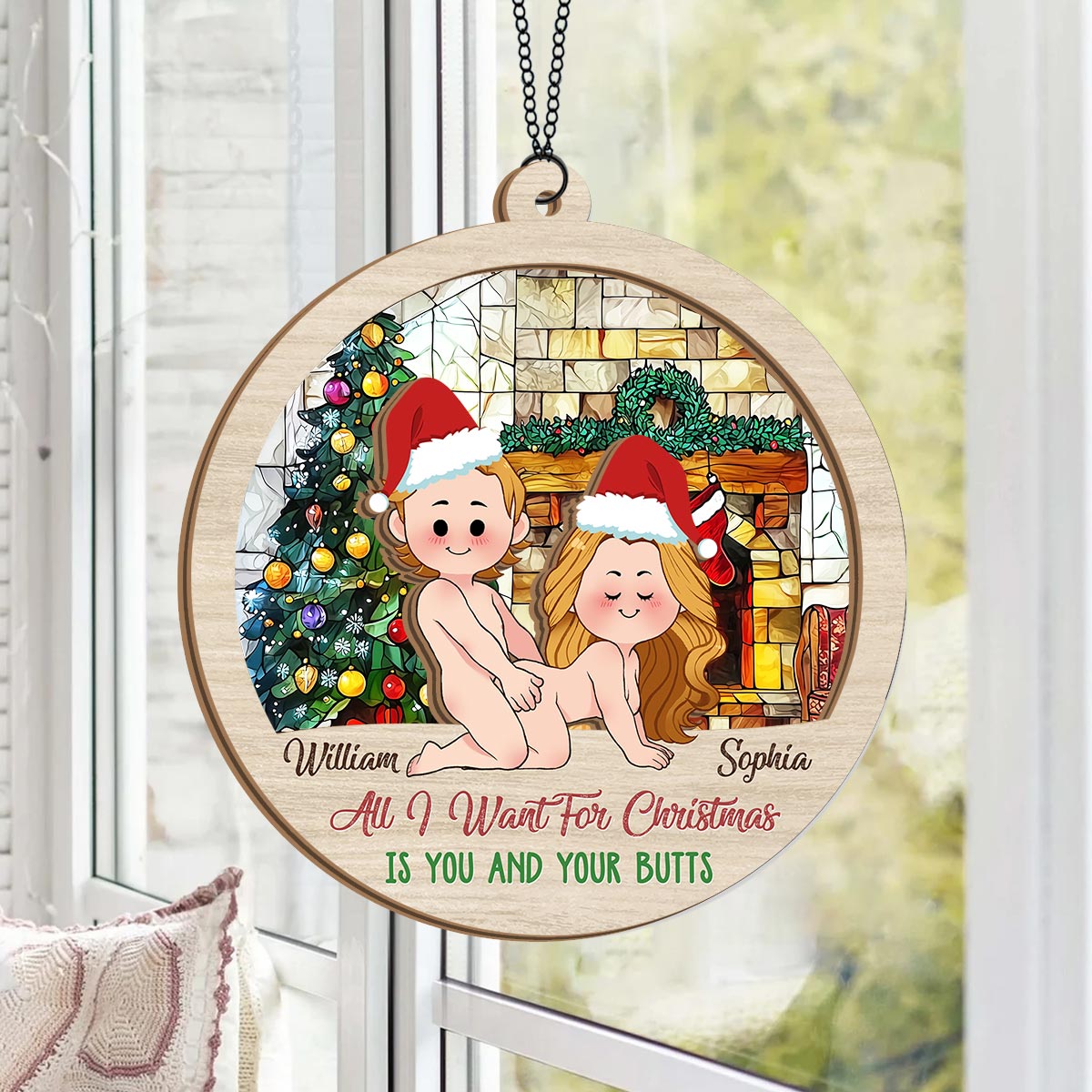 All I Want For Christmas Is You And Your Butt - Personalized Couple 2 Layered Window Hanging Suncatcher