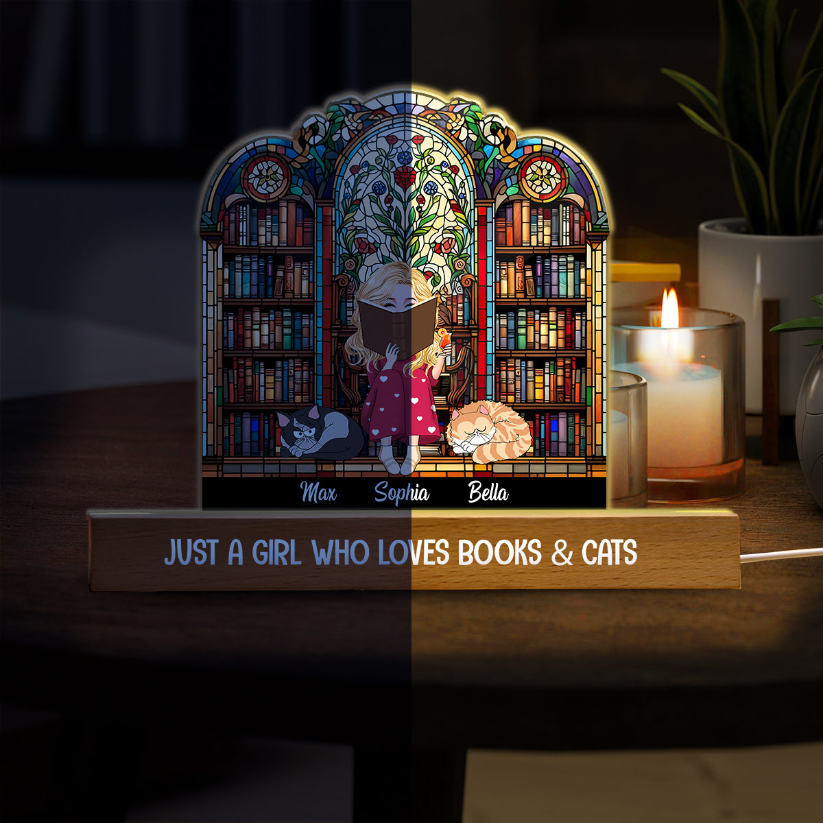Veilleuse LED personnalisée en forme de livre « Juste une fille qui aime les livres et les animaux »