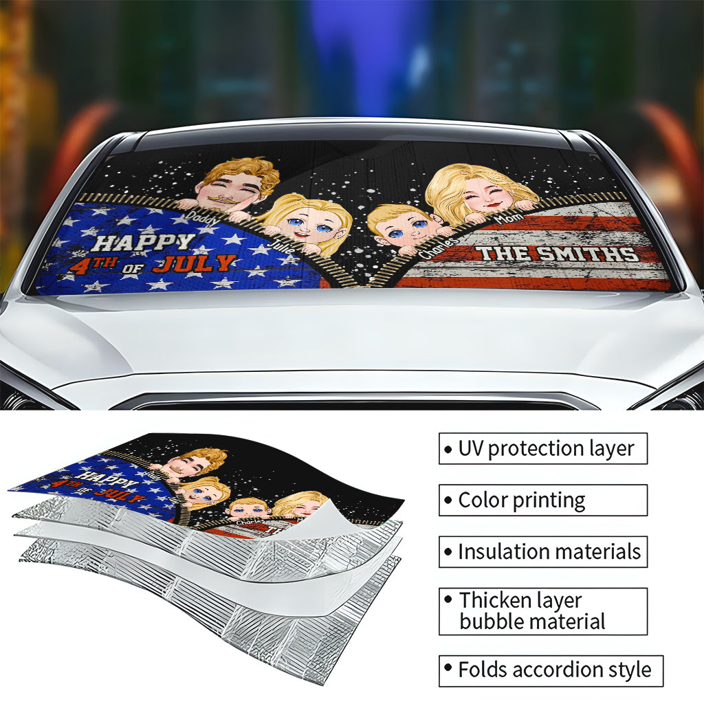 Pare-soleil de voiture familial personnalisé pour la fête nationale américaine - Idée cadeau amusante pour toute la famille