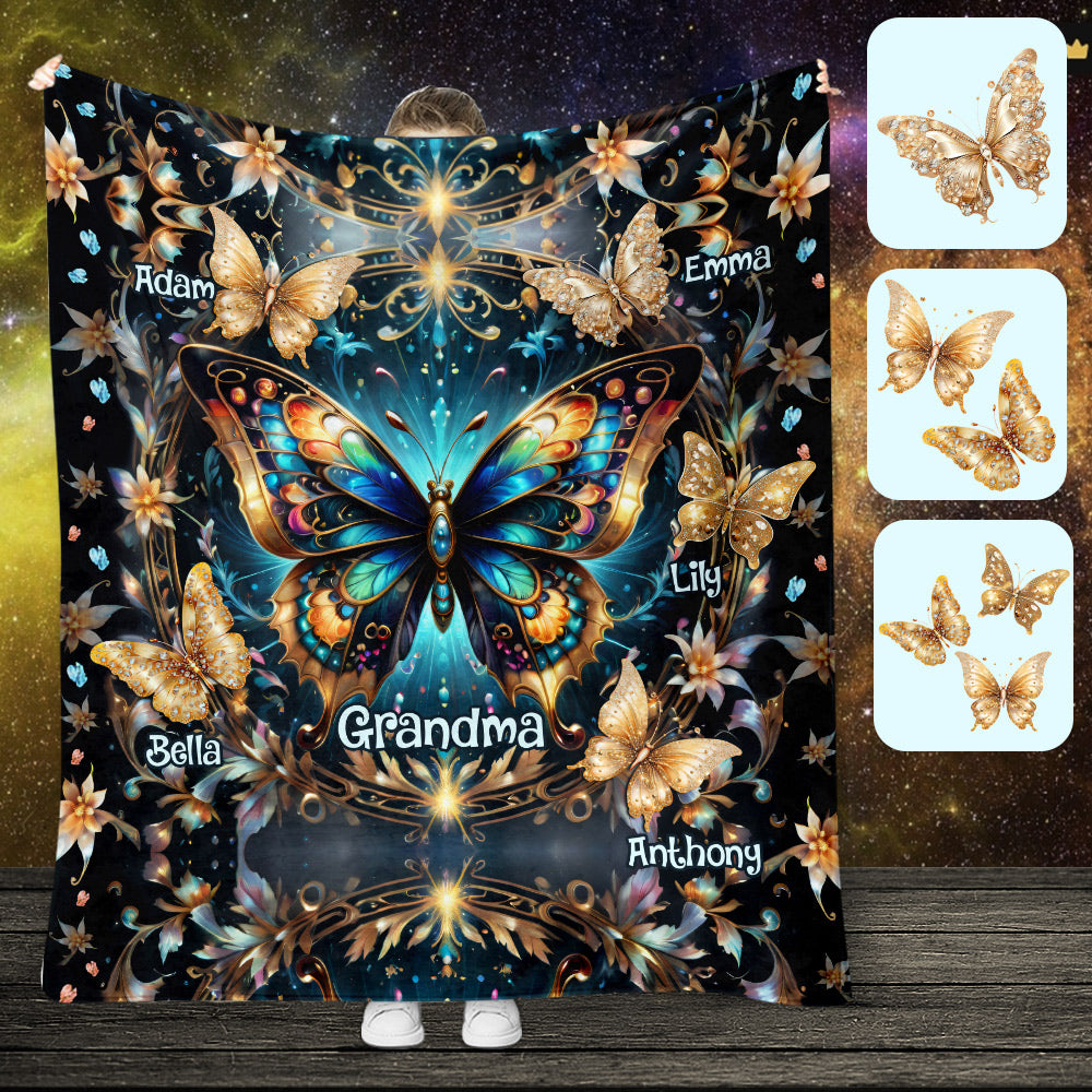 Grandma Life Mom Any Title Stunning Gold Butterfly Version - Personalized Grandma Blanket