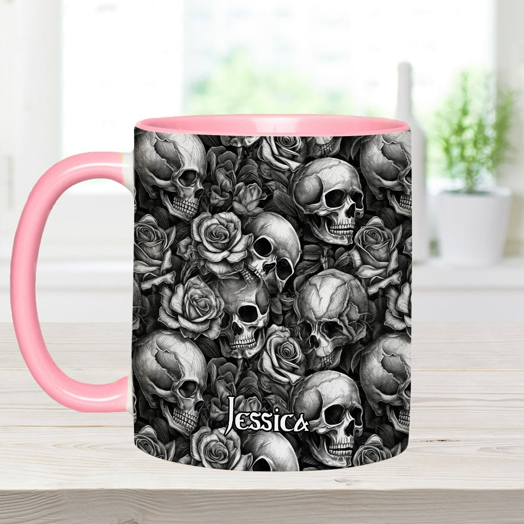 Skull Roses Black And White - Personalized Skull Accent Mug
