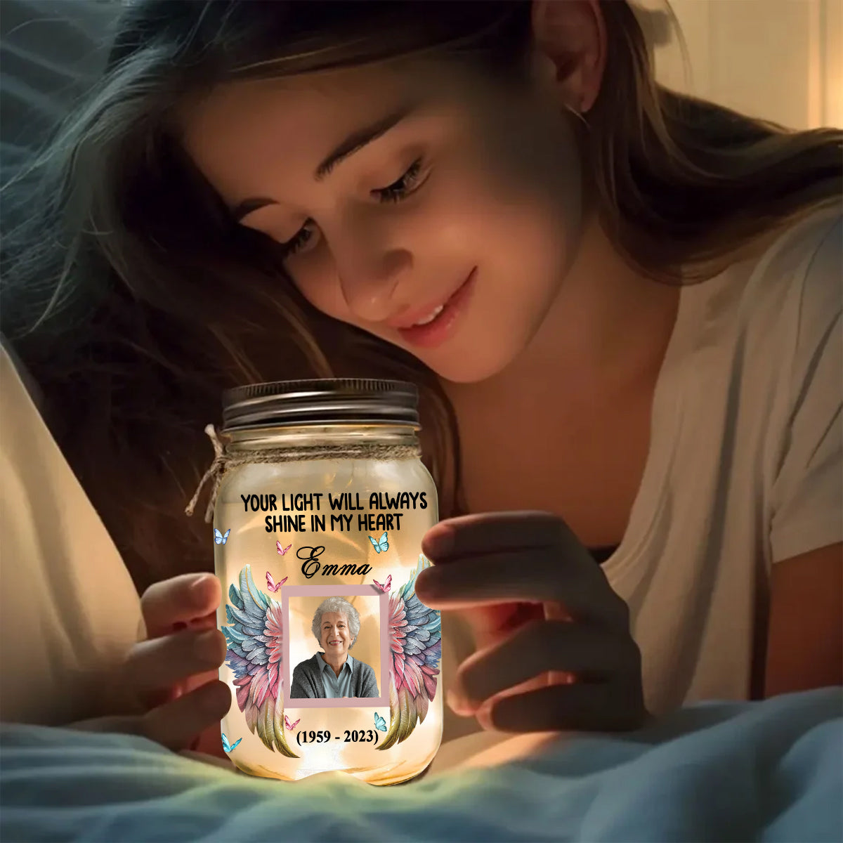 Your Light Will Always Shine In My Heart - Personalized Memorial Mason Jar Light