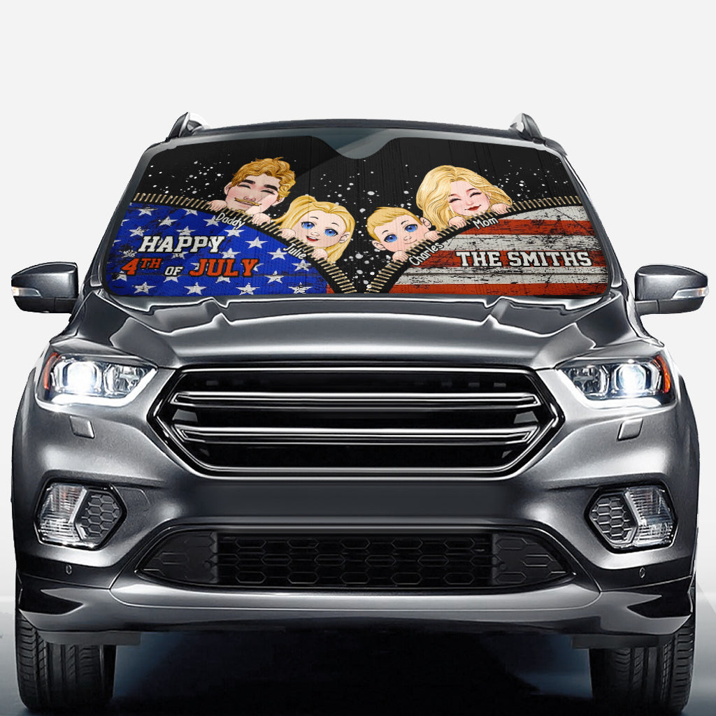 Pare-soleil de voiture familial personnalisé pour la fête nationale américaine - Idée cadeau amusante pour toute la famille