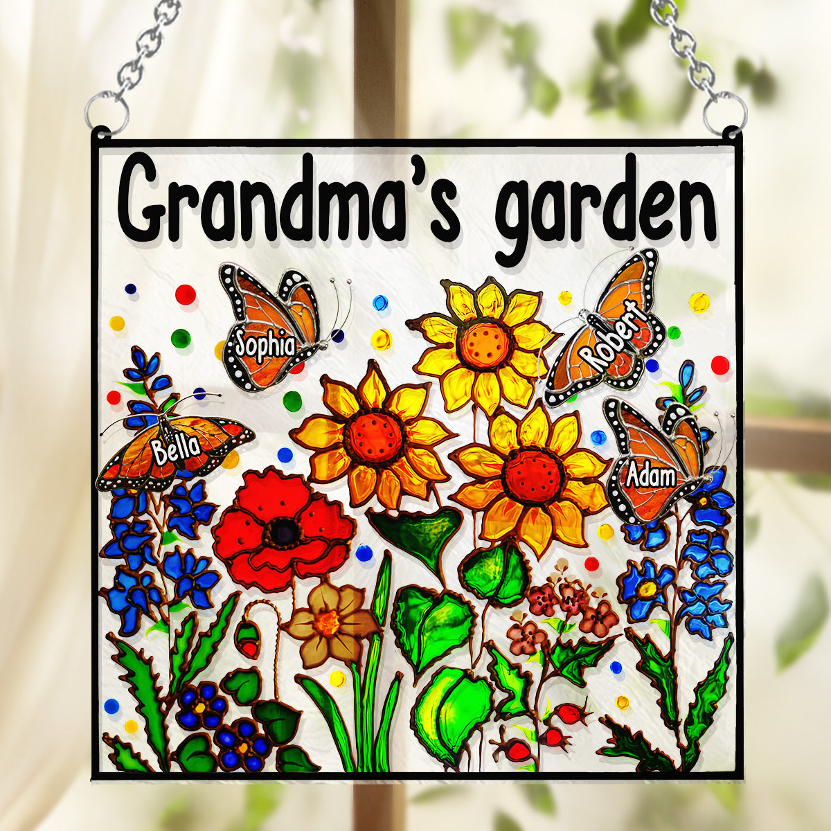 Grandma's Garden With Butterfly - Personalized Grandma Window Hanging Suncatcher Ornament