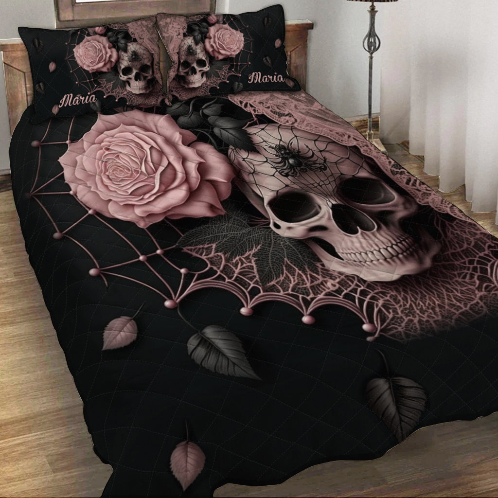 Roses And Skull - Personalized Skull Quilt Set