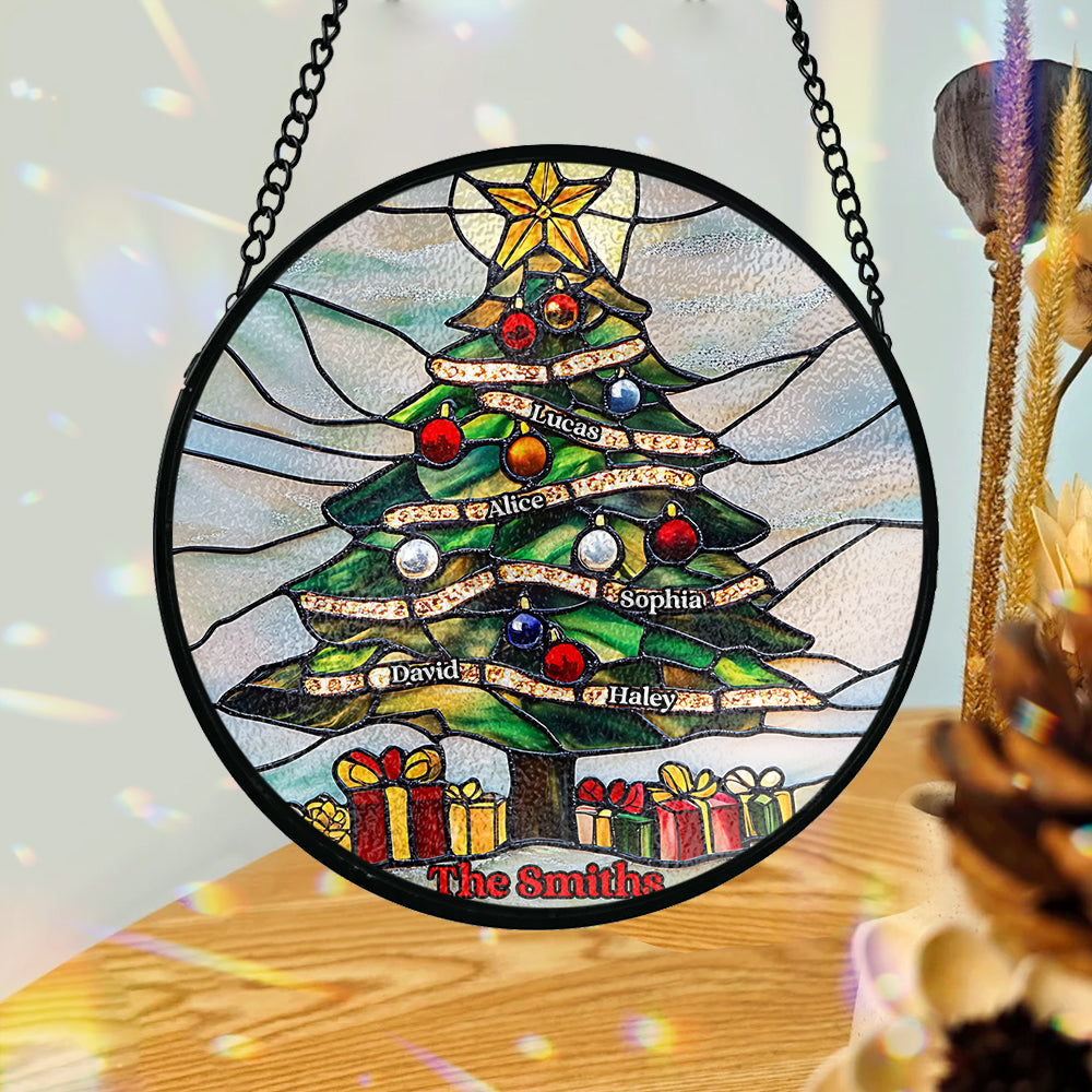 Frohe Weihnachten – Personalisierter Familien-Sonnenfänger aus Buntglas