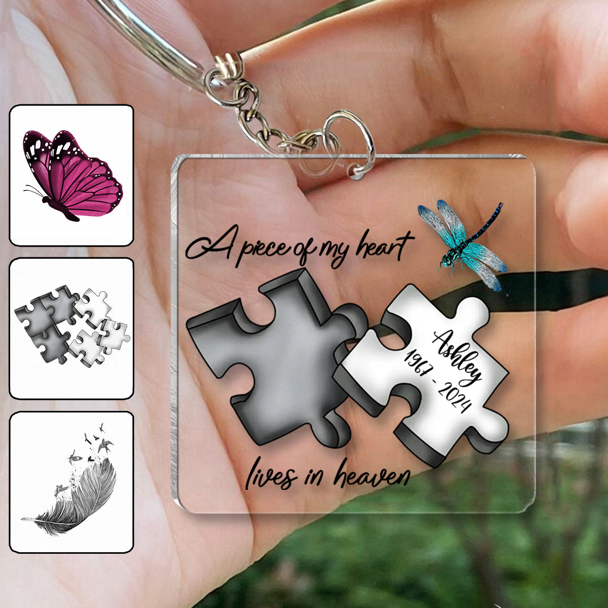 Memorial Butterfly Dragonfly Heaven Feather - Personalized Memorial Transparent Keychain