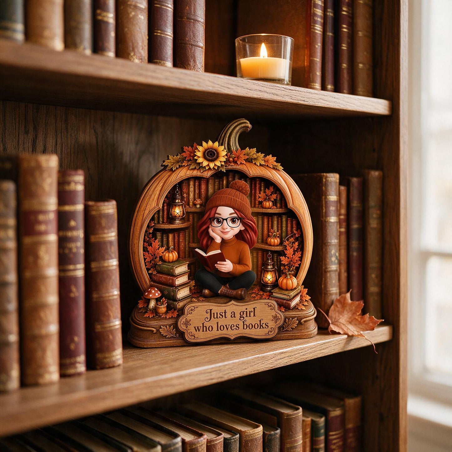 Just a Girl Who Loves Books Fall Pumpkin Personalized 2-Layer Wooden Plaque - Autumn Book Lover Gift for Readers